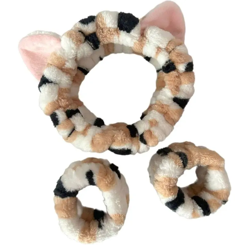 652F 3PCS Plush Wristband Hairband Set for Washing Face Plush Wrist Hairbands Wash Towel Terry Cloth Prevent Water Spilling