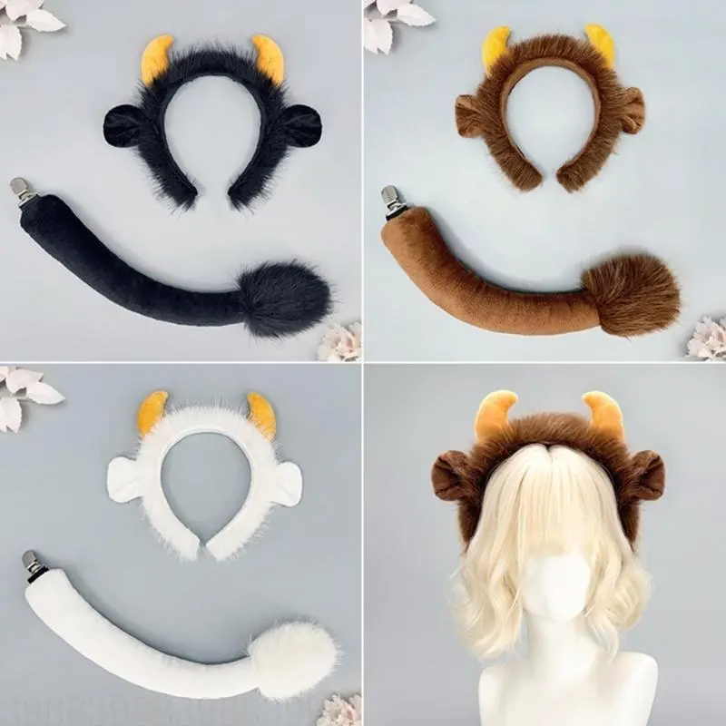 39BB Yak Ears Headband with Yak Tail Animal Yak Costume Set Halloween Cosplay Costume