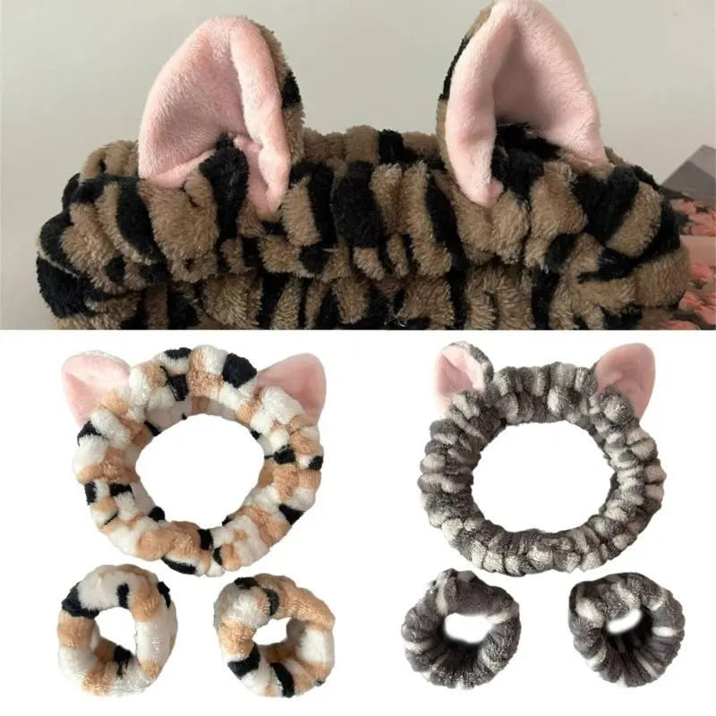 652F 3PCS Plush Wristband Hairband Set for Washing Face Plush Wrist Hairbands Wash Towel Terry Cloth Prevent Water Spilling