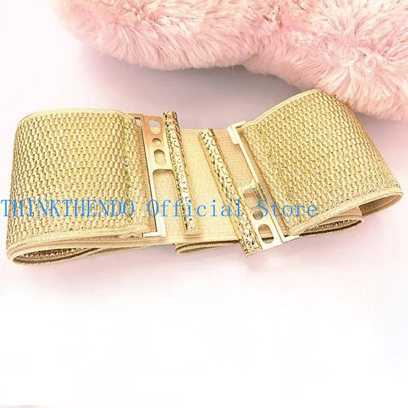 652F Fashion Wide Corset Belt Women Elastic Gold Waspie Belt for Teenager Girl Glitter Waist Cincher DownJacket Dress Decor