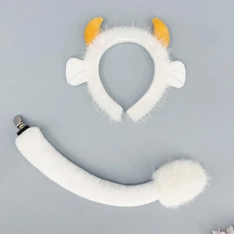 39BB Yak Ears Headband with Yak Tail Animal Yak Costume Set Halloween Cosplay Costume