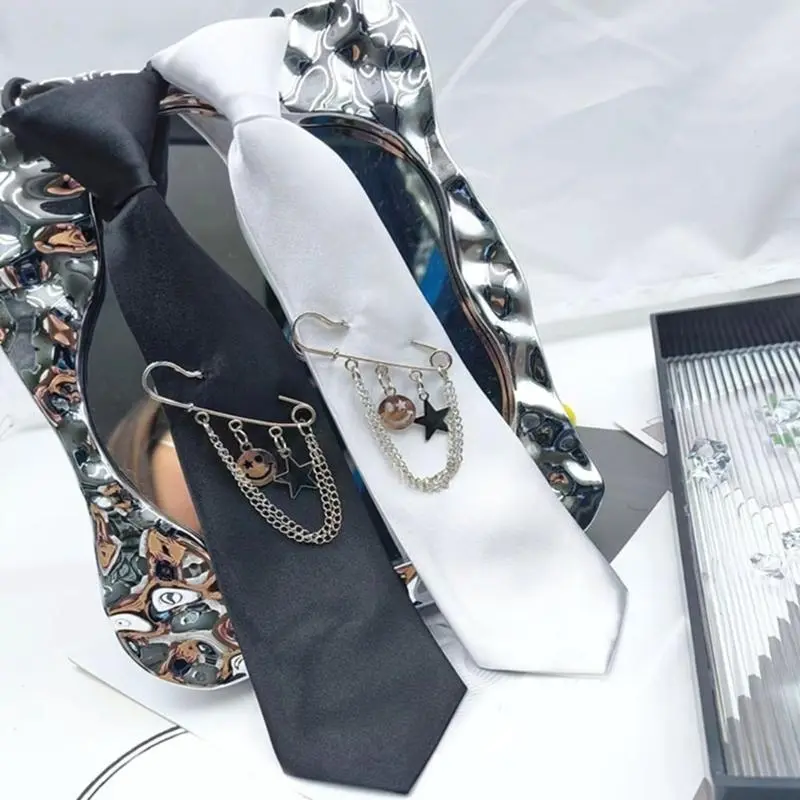 652F Preppy School Neck Tie with Metal Face Pin Vintage Pre Tied Necktie Neckwear for Adult and Kids Student Uniform