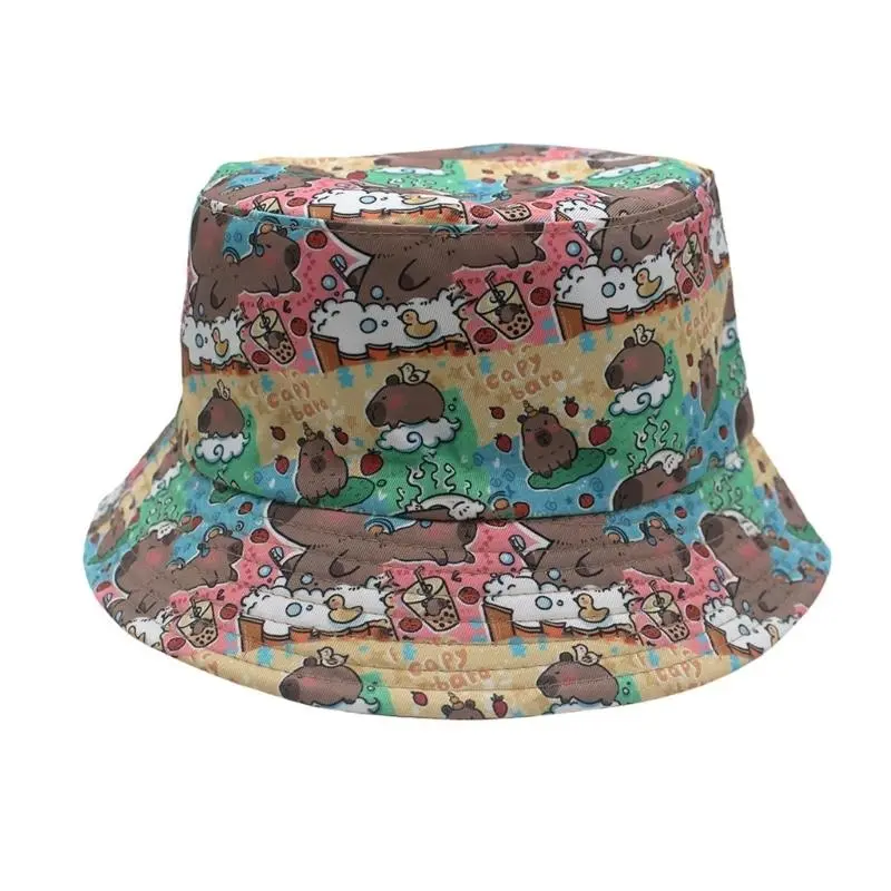 652F Trendy Capybara Pattern Fisherman Hat Beach Vacation Bucket Sunshade Hat for Animal Lover and Trendsetters