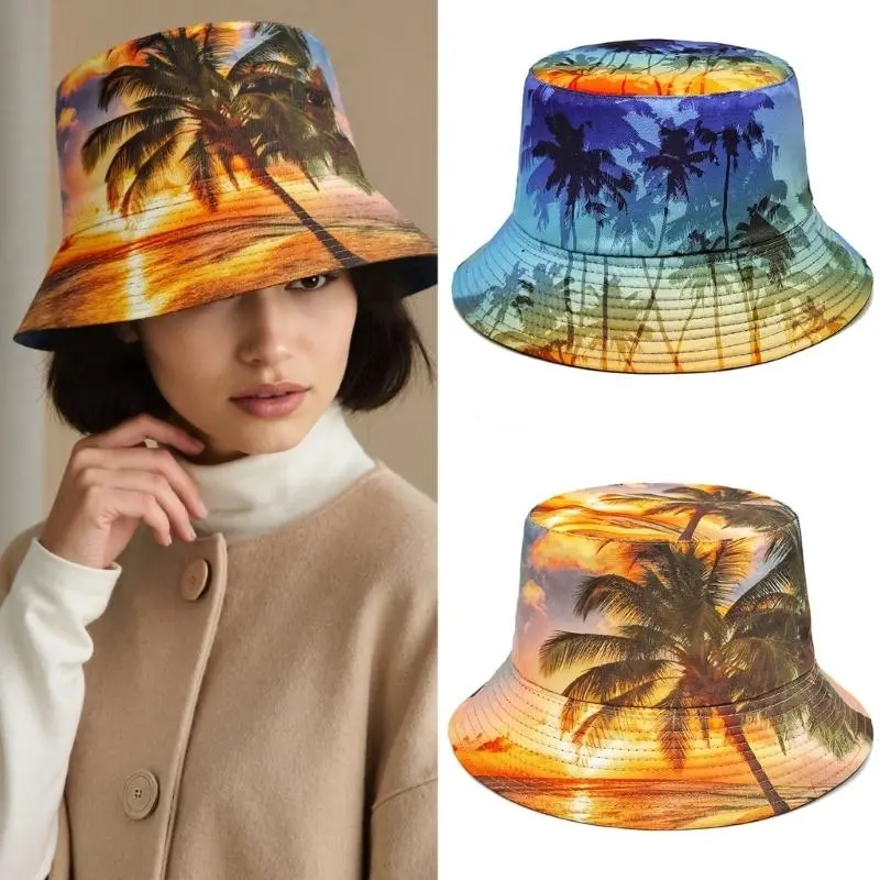 652F Unisex Colorful Print Fisherman Hat Soft Bucket Hat for Beach Vacation and Street Strolling Theme Floppy Hat
