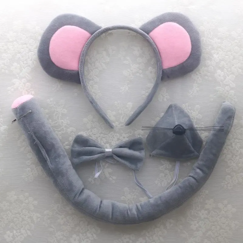 652F Mouse Costume Set Mouse Ears Headband Tail Tie Nose Gloves Skirt for Kid Halloween Christmas Animal Cosplay