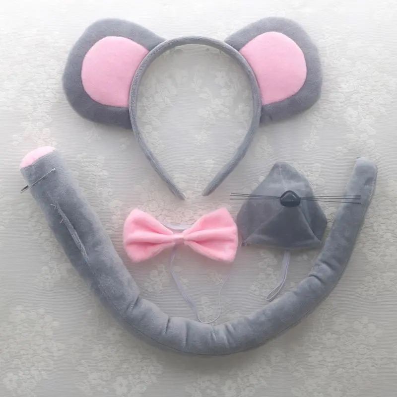 652F Mouse Costume Set Mouse Ears Headband Tail Tie Nose Gloves Skirt for Kid Halloween Christmas Animal Cosplay