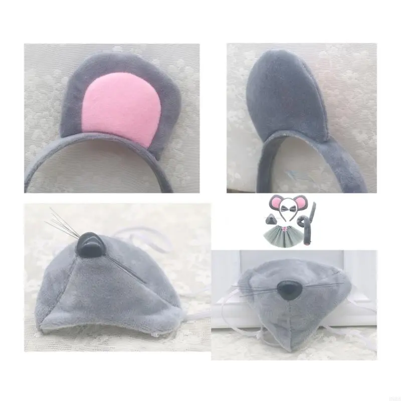 652F Mouse Costume Set Mouse Ears Headband Tail Tie Nose Gloves Skirt for Kid Halloween Christmas Animal Cosplay