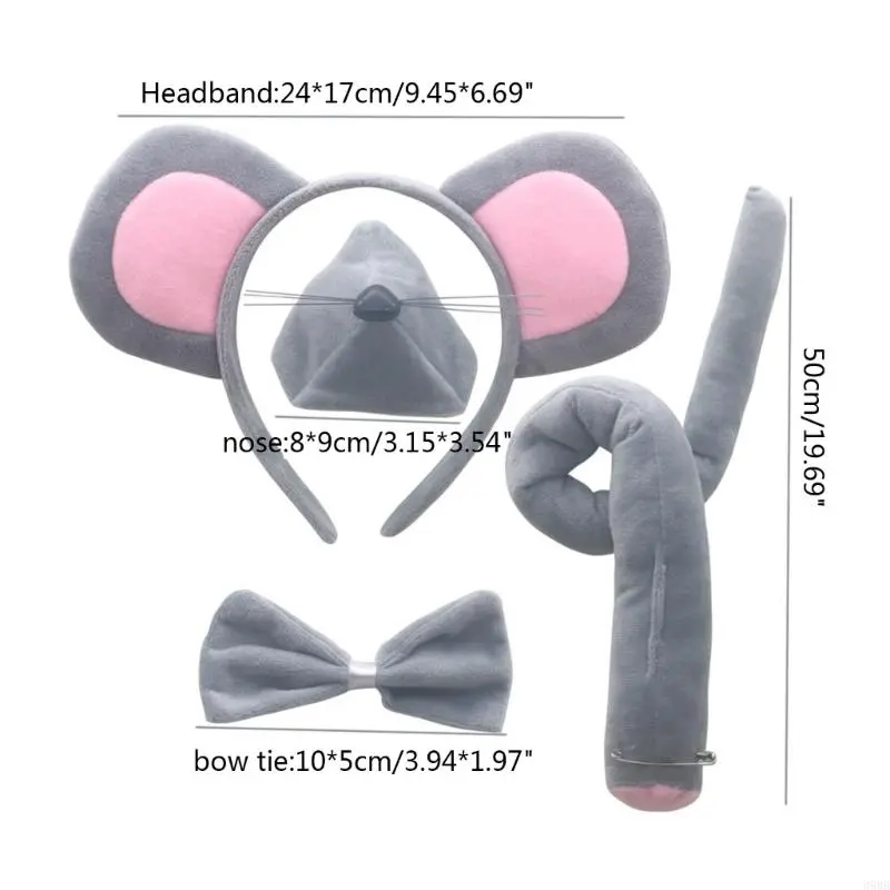652F Mouse Costume Set Mouse Ears Headband Tail Tie Nose Gloves Skirt for Kid Halloween Christmas Animal Cosplay