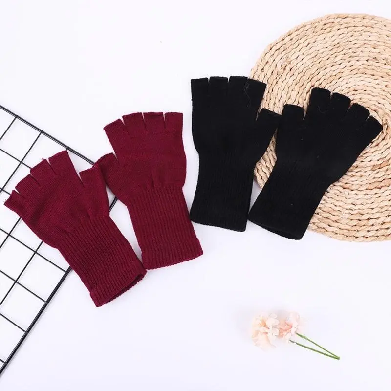 652F 21cm 1 Pair Unisex Half Finger Gloves Winter Knit Warm Mittens Fingerless Gloves for Men and Women