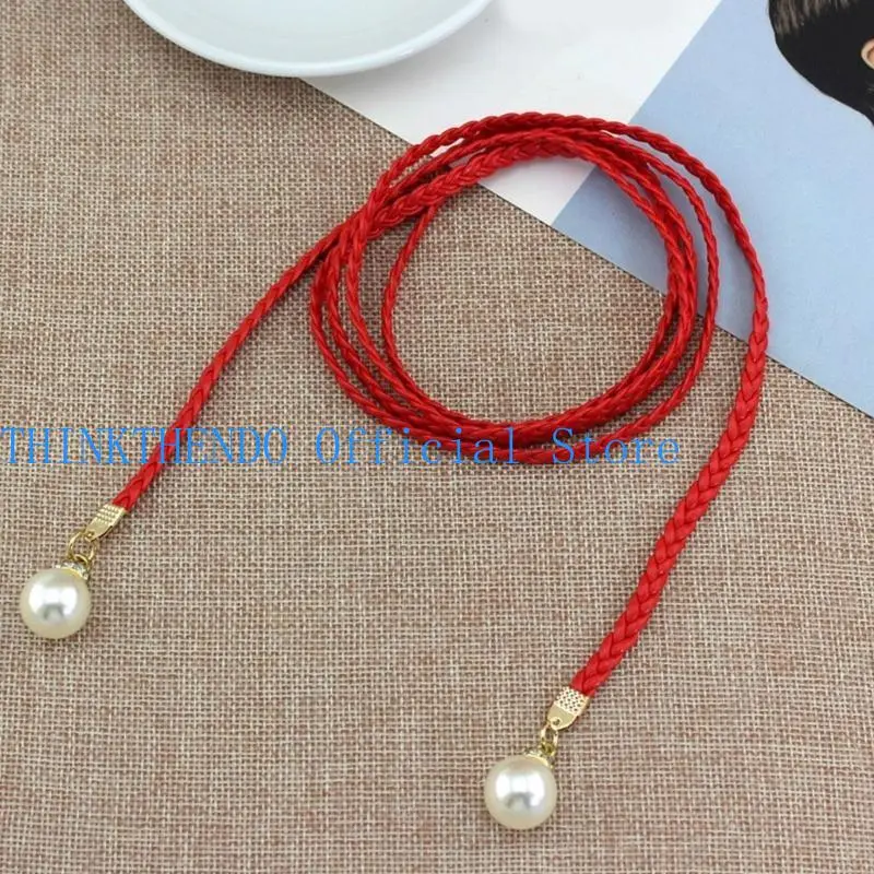 652F Ladies Bohemian Waist Belt Delicate Pearl Decors Braided Belt Summer Dress Women Summer Seaside Waist Belt