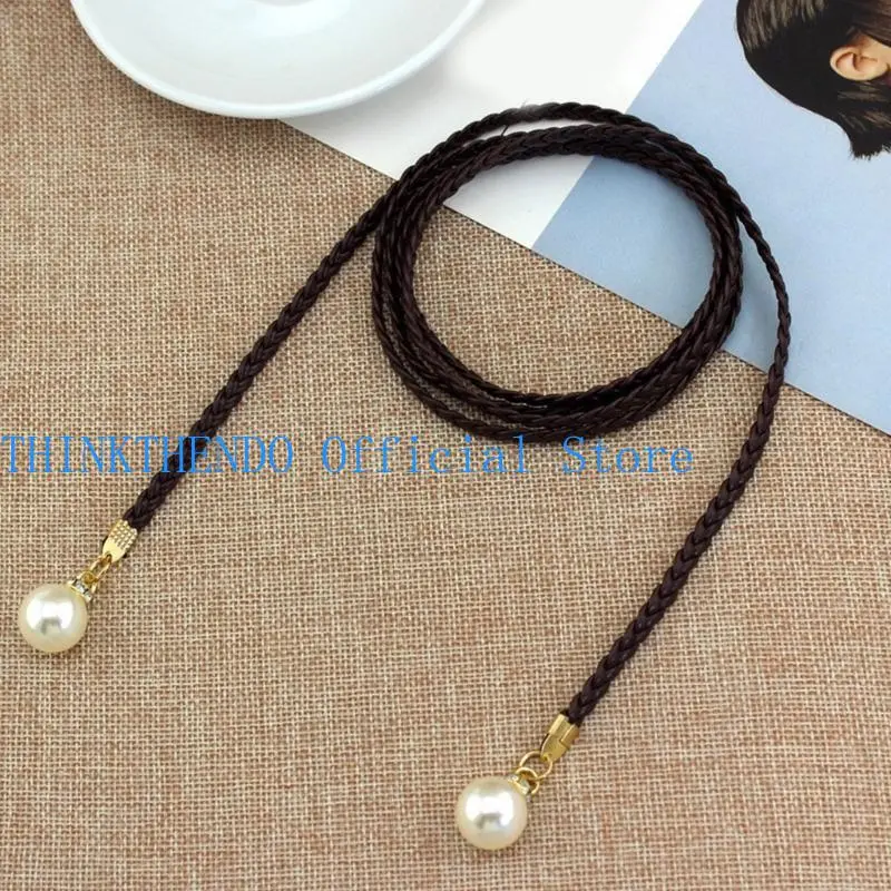 652F Ladies Bohemian Waist Belt Delicate Pearl Decors Braided Belt Summer Dress Women Summer Seaside Waist Belt