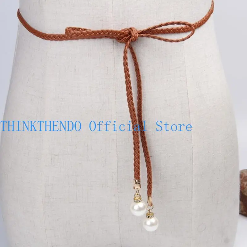 652F Ladies Bohemian Waist Belt Delicate Pearl Decors Braided Belt Summer Dress Women Summer Seaside Waist Belt