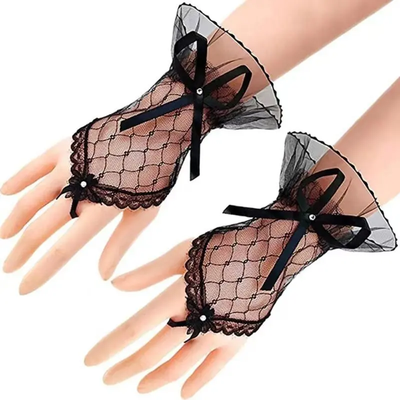 652F 2pack Dress Wedding Gloves Lace Trimmed Mittens Adjustable Wrist Gloves for Parties Weddings and Fashion Outfits