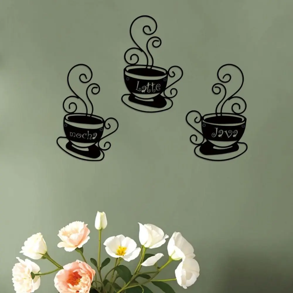 3Pcs Crafts Metal Coffee Cup Wall Decoration Art Creative Background Pendant Cartoon Exquisite Wall Hanging Gift