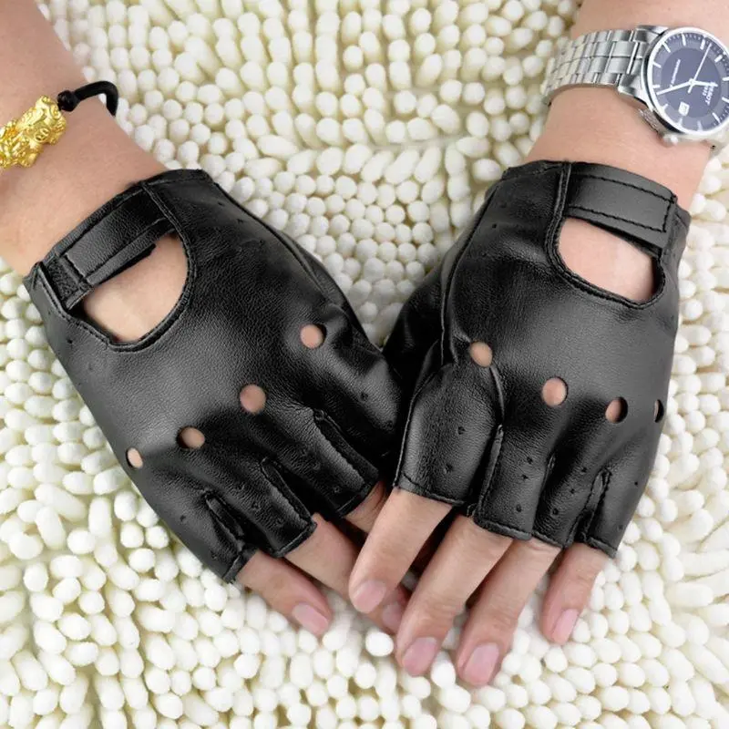 652F Unisex Fingerless Driving Faux Leather Gloves Motor Cool  Disco Dancing Rock and Roll Black Half Finger Mittens