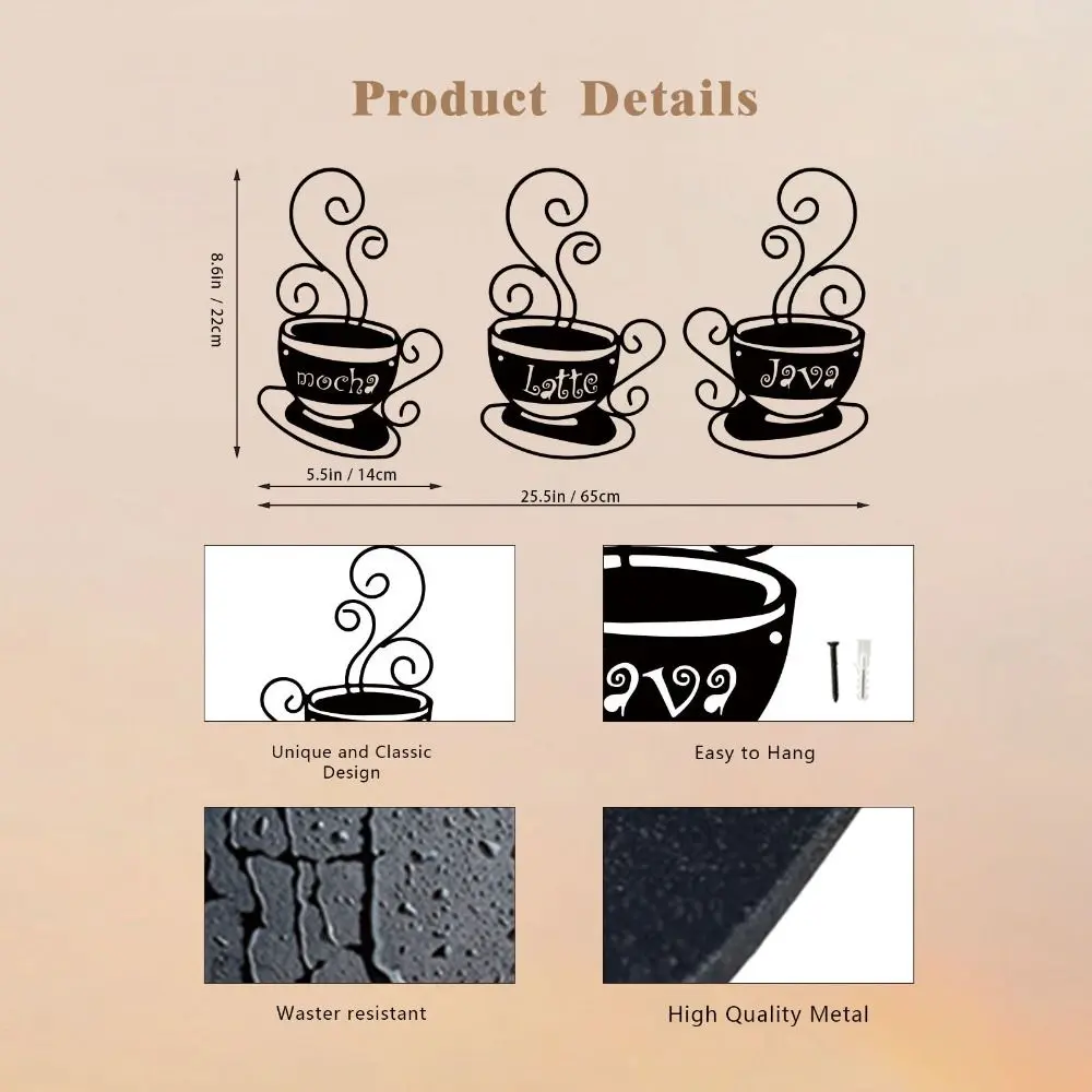 3Pcs Crafts Metal Coffee Cup Wall Decoration Art Creative Background Pendant Cartoon Exquisite Wall Hanging Gift