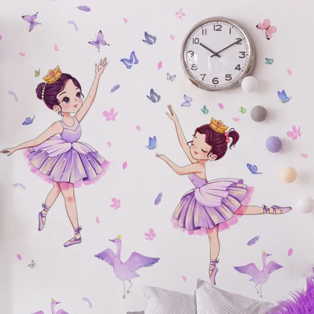 Cute Self-Adhesive Little Swan Girl Sticker Waterproof Cartoon Butterfly Wall Sticker DIY PVC Dancing Girl Wall Sticker Children