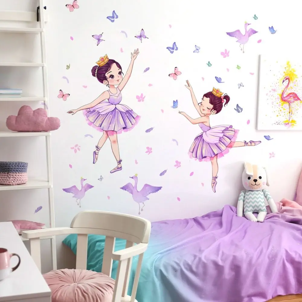 Cute Self-Adhesive Little Swan Girl Sticker Waterproof Cartoon Butterfly Wall Sticker DIY PVC Dancing Girl Wall Sticker Children