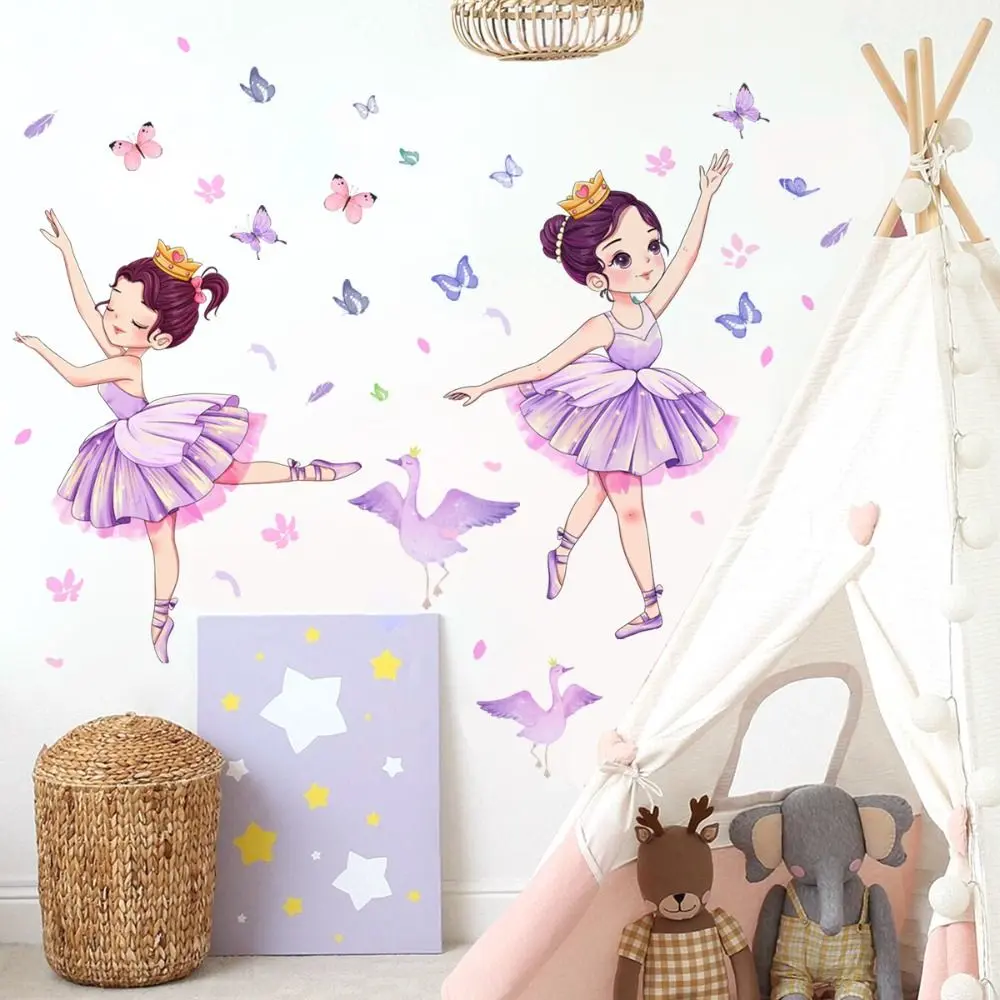 Cute Self-Adhesive Little Swan Girl Sticker Waterproof Cartoon Butterfly Wall Sticker DIY PVC Dancing Girl Wall Sticker Children