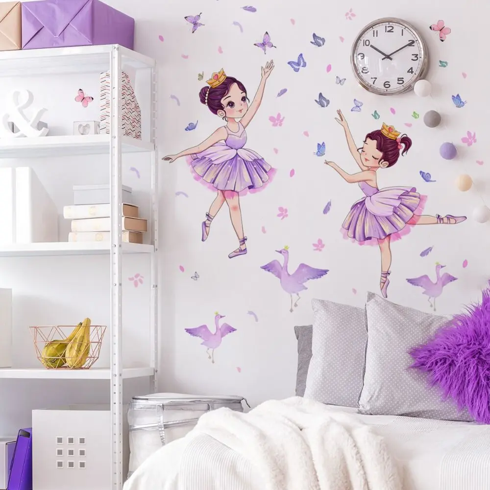 Cute Self-Adhesive Little Swan Girl Sticker Waterproof Cartoon Butterfly Wall Sticker DIY PVC Dancing Girl Wall Sticker Children