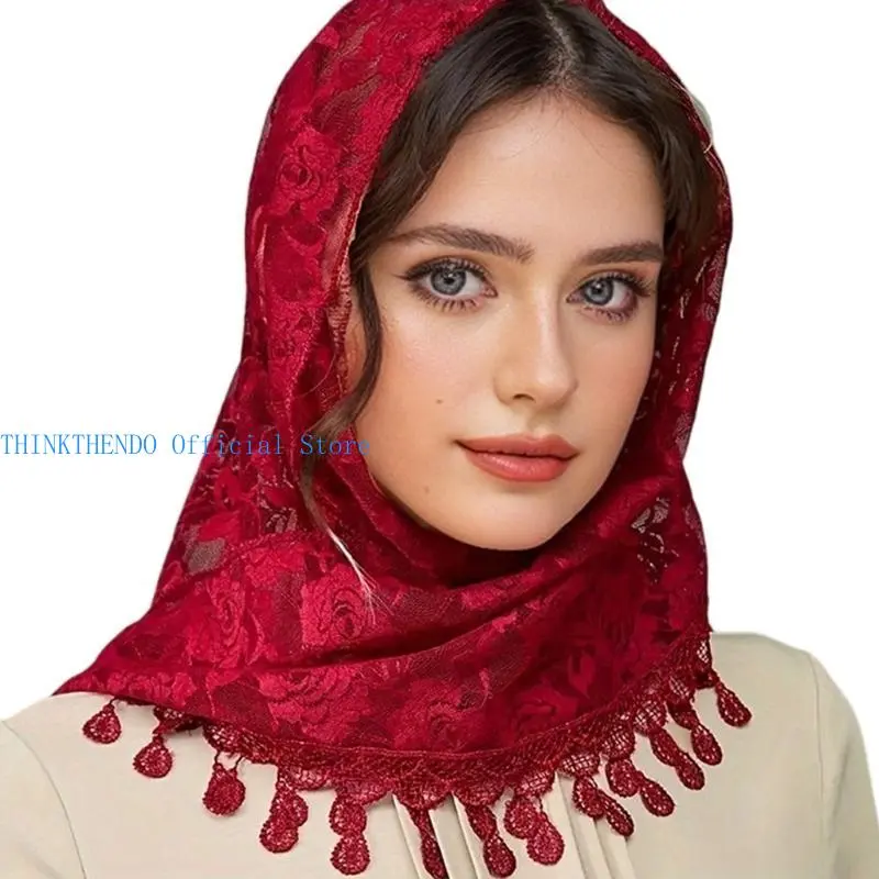 652F Mass Mantilla Veils for Women Catholic Church Lace Shawl Headcovering Tassels Tulle Flower Head Scarf for Everyday Wear