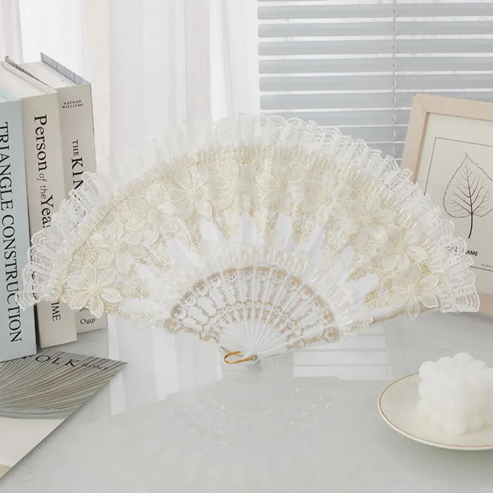 White Lolita Lace Hand Fan Handheld Plastic Handle Lace Folding Fan Retro Court Style with Pearl Bride Hand Fan Cosplay