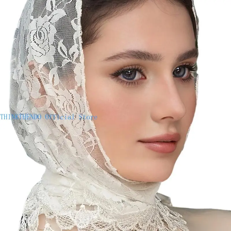 652F Mass Mantilla Veils for Women Catholic Church Lace Shawl Headcovering Tassels Tulle Flower Head Scarf for Everyday Wear