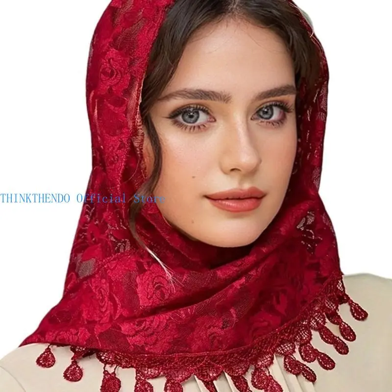 652F Mass Mantilla Veils for Women Catholic Church Lace Shawl Headcovering Tassels Tulle Flower Head Scarf for Everyday Wear