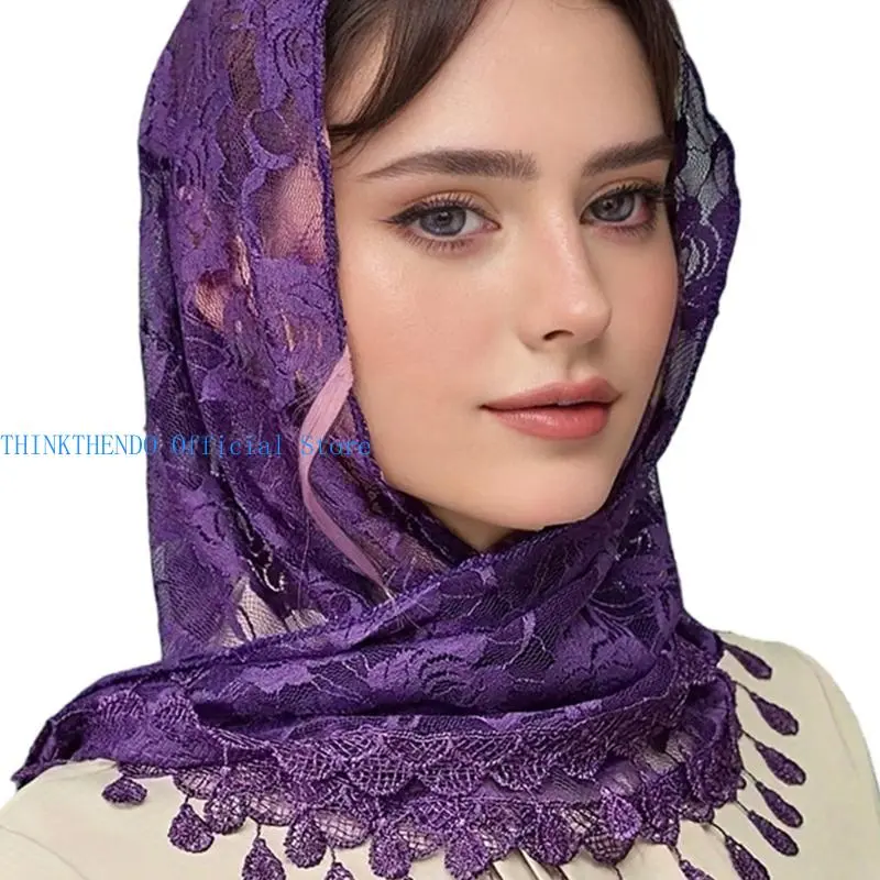 652F Mass Mantilla Veils for Women Catholic Church Lace Shawl Headcovering Tassels Tulle Flower Head Scarf for Everyday Wear