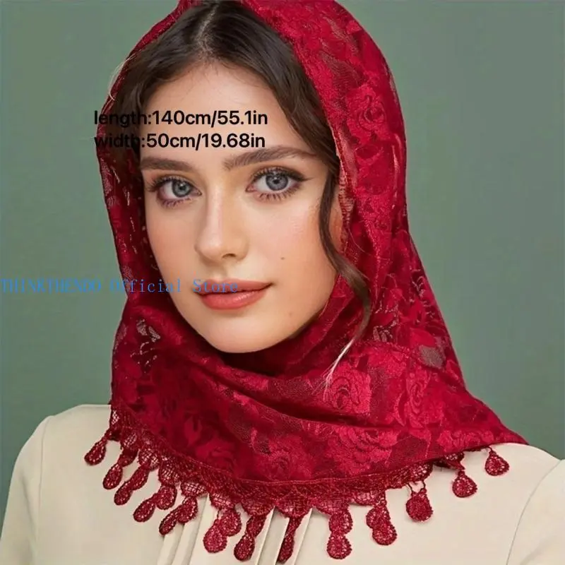 652F Mass Mantilla Veils for Women Catholic Church Lace Shawl Headcovering Tassels Tulle Flower Head Scarf for Everyday Wear