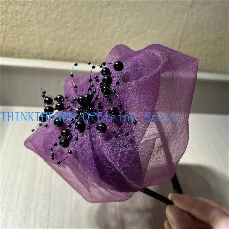 652F French Crape Half Hat High Skull Ruffle Headband Thin Hairhoop Female Teaparty White Hair Covering Formal Hair Ornament