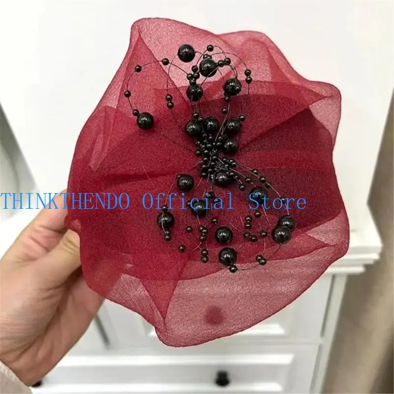 652F French Crape Half Hat High Skull Ruffle Headband Thin Hairhoop Female Teaparty White Hair Covering Formal Hair Ornament