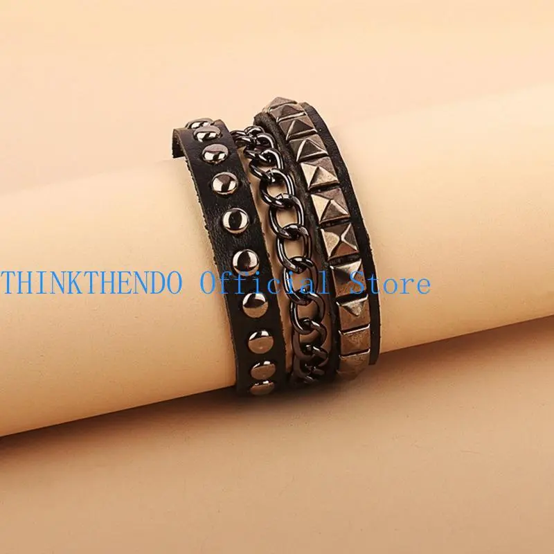 652F Multilayers Rock  Rivets Chain Bracelet Gothic Punk Wide Cuff Leather Bracelet Bangle Fashion Bracelet Jewelry
