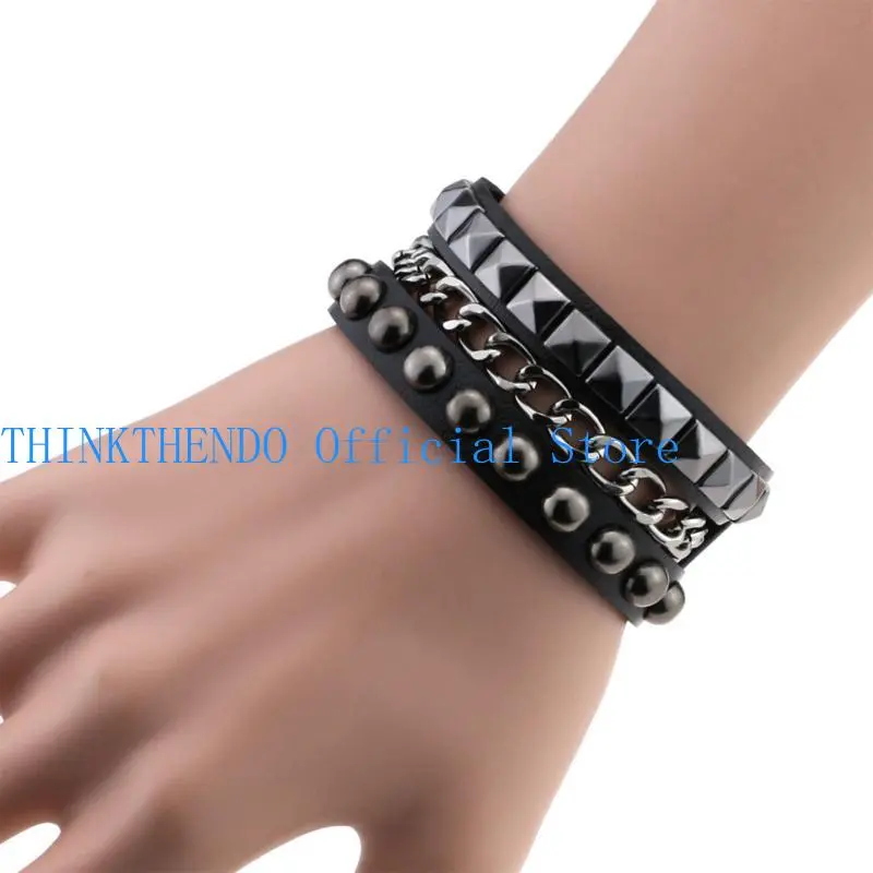 652F Multilayers Rock  Rivets Chain Bracelet Gothic Punk Wide Cuff Leather Bracelet Bangle Fashion Bracelet Jewelry