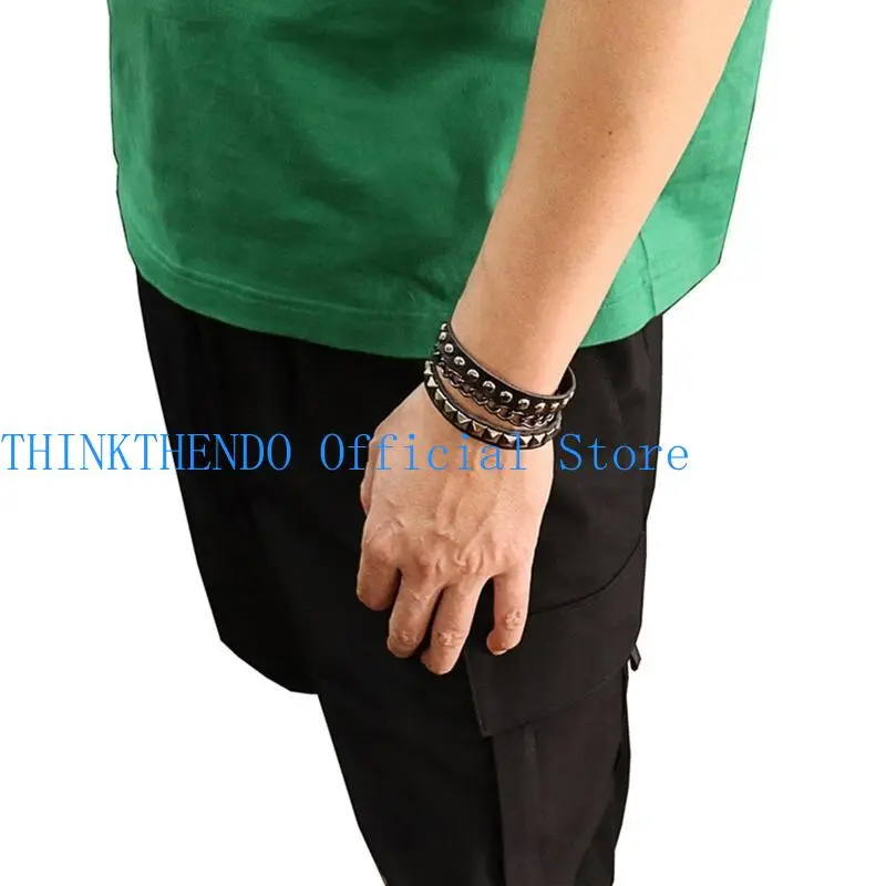 652F Multilayers Rock  Rivets Chain Bracelet Gothic Punk Wide Cuff Leather Bracelet Bangle Fashion Bracelet Jewelry