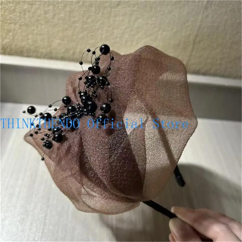 652F French Crape Half Hat High Skull Ruffle Headband Thin Hairhoop Female Teaparty White Hair Covering Formal Hair Ornament