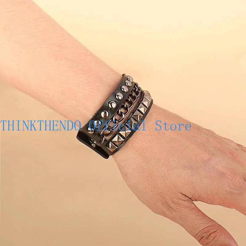 652F Multilayers Rock  Rivets Chain Bracelet Gothic Punk Wide Cuff Leather Bracelet Bangle Fashion Bracelet Jewelry