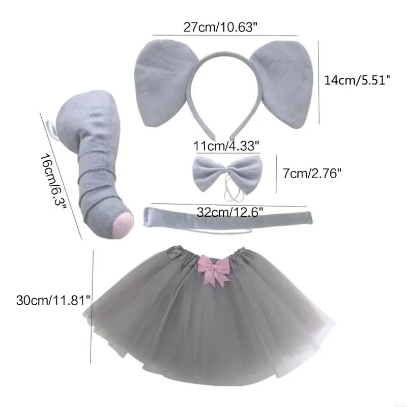 652F Elephant Costume Set Elephant Ear Headband Tail Tie Nose Glove Skirt for Kid Halloween Christmas Animal Cosplay