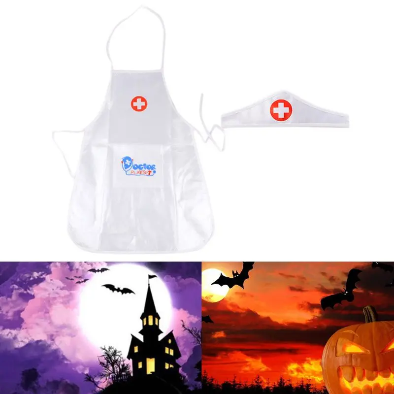 652F Children Kids Doctor Nurse Cosplay Costume Adjustable Apron with Headdress Hat Uniforms Performance Halloween Party Wear