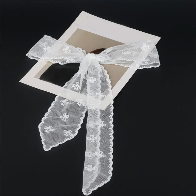 652F Seethrough Lace Scarf with Embroidered Pattern Designs Long Lace Neckwrap For Stylish Women's Daily And Evening Wear