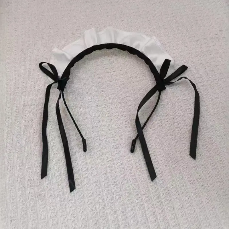 652F Ruffle Maid Headband Bowknot Ruffled Hair Hoop Maid Hairband Maid Cosplay Costume Accessory For Women Halloween Cosplay