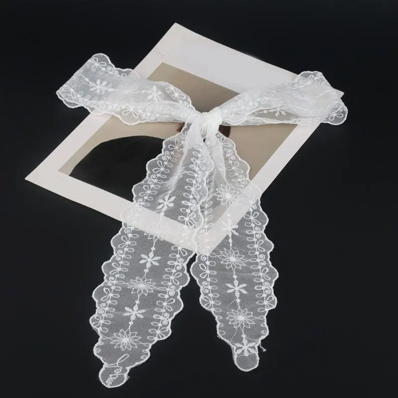 652F Seethrough Lace Scarf with Embroidered Pattern Designs Long Lace Neckwrap For Stylish Women's Daily And Evening Wear