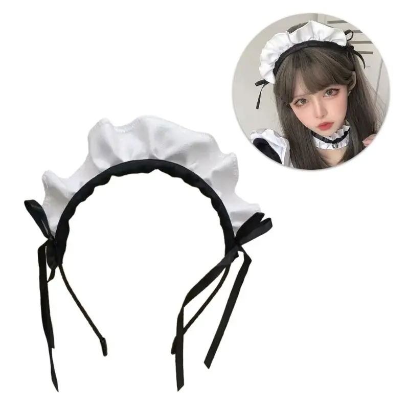 652F Ruffle Maid Headband Bowknot Ruffled Hair Hoop Maid Hairband Maid Cosplay Costume Accessory For Women Halloween Cosplay