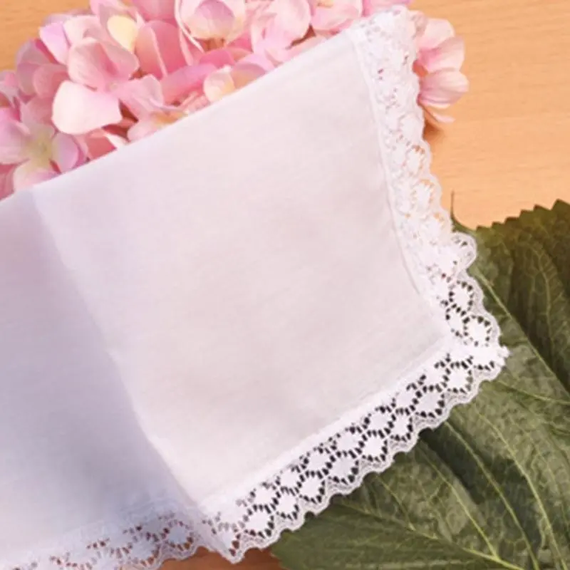 39BB Adult White Handkerchief Cotton Lace Trim Super Soft Washable Hanky DIY Supplies