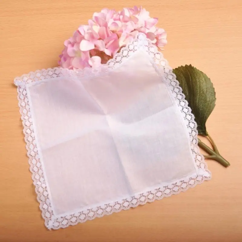 39BB Adult White Handkerchief Cotton Lace Trim Super Soft Washable Hanky DIY Supplies
