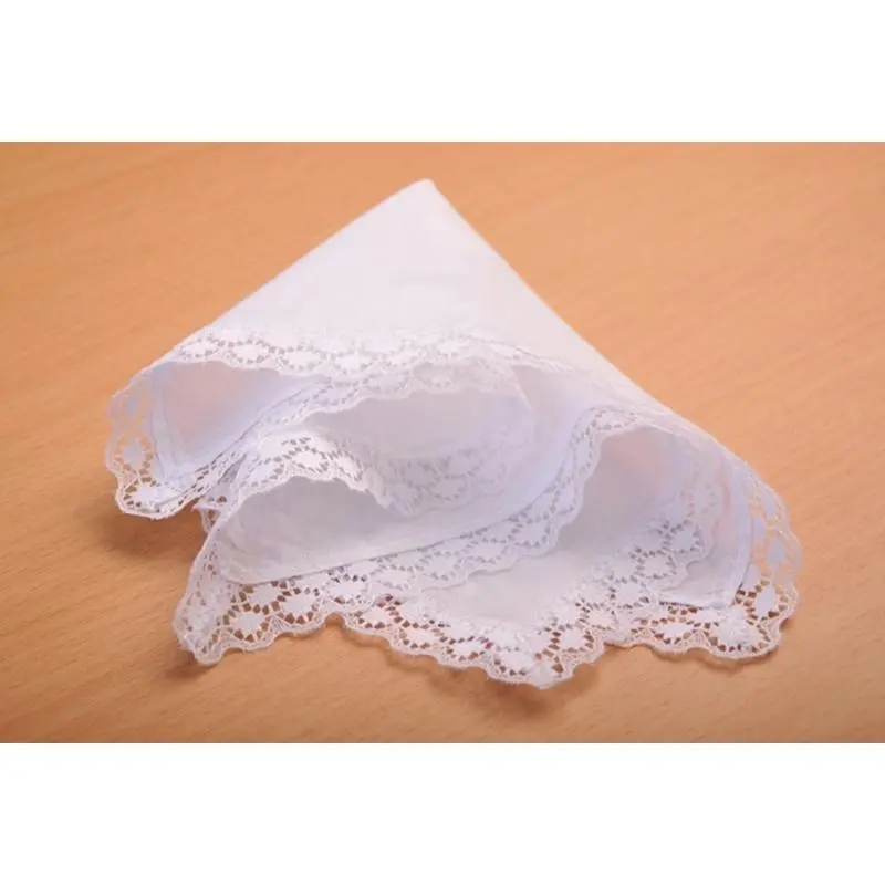 39BB Adult White Handkerchief Cotton Lace Trim Super Soft Washable Hanky DIY Supplies