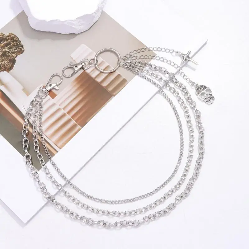 652F Multilayer Skull Pendant Pants Chain for Adult Trousers Chain Waist Decorative Chain Waist Wallet Chain Decors
