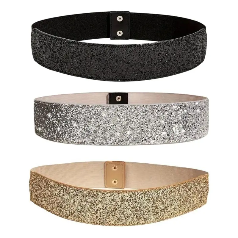 652F Sequins Waist Cincher Sparkling Wide Waistband Fashionable Adjustable Waist Belt for Women Fashionable Accessories