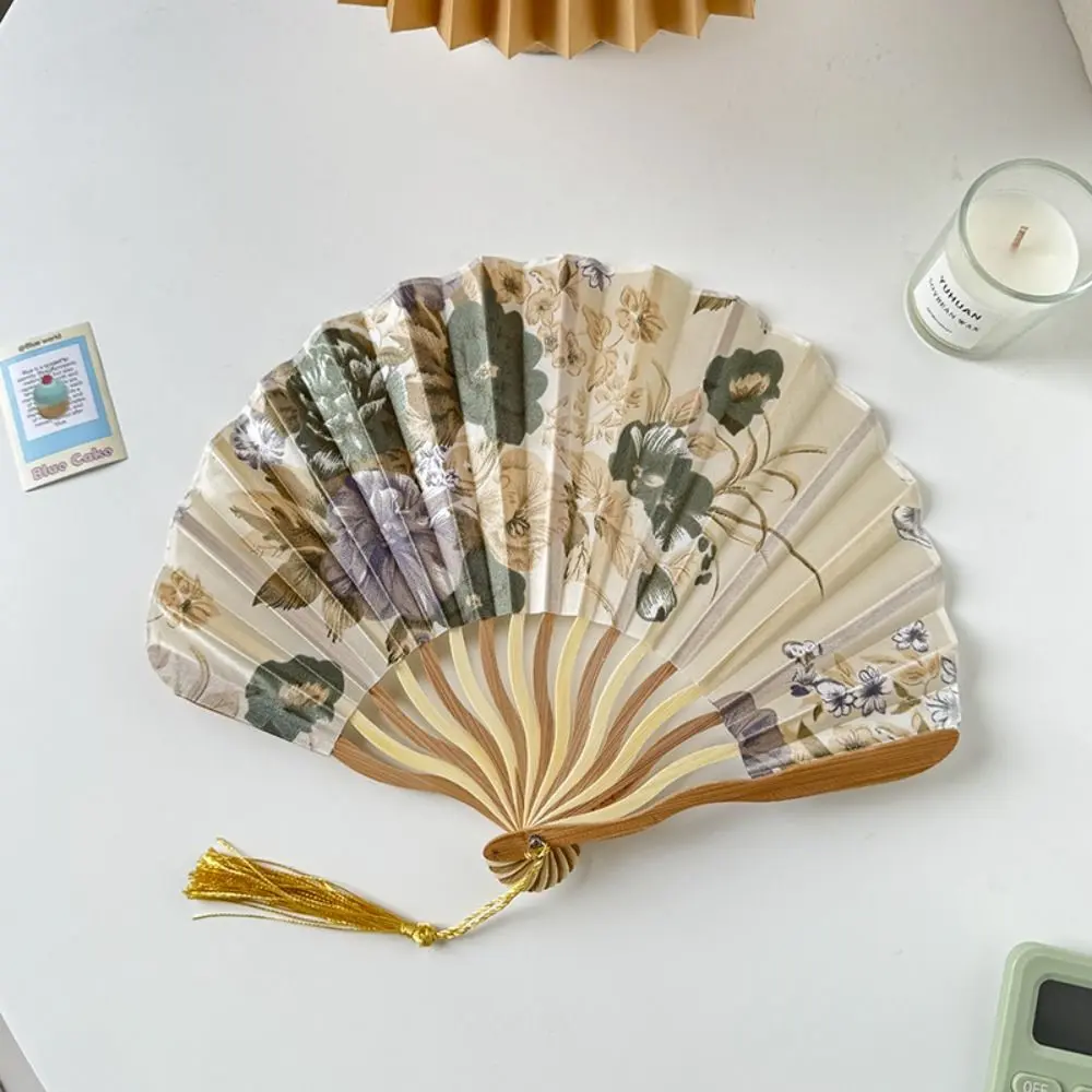 Ancient Chinese Style Silk Folding Fan Classical Flower Handheld Fan Elegant with Fan Cover Tassel Folding Fan Wedding