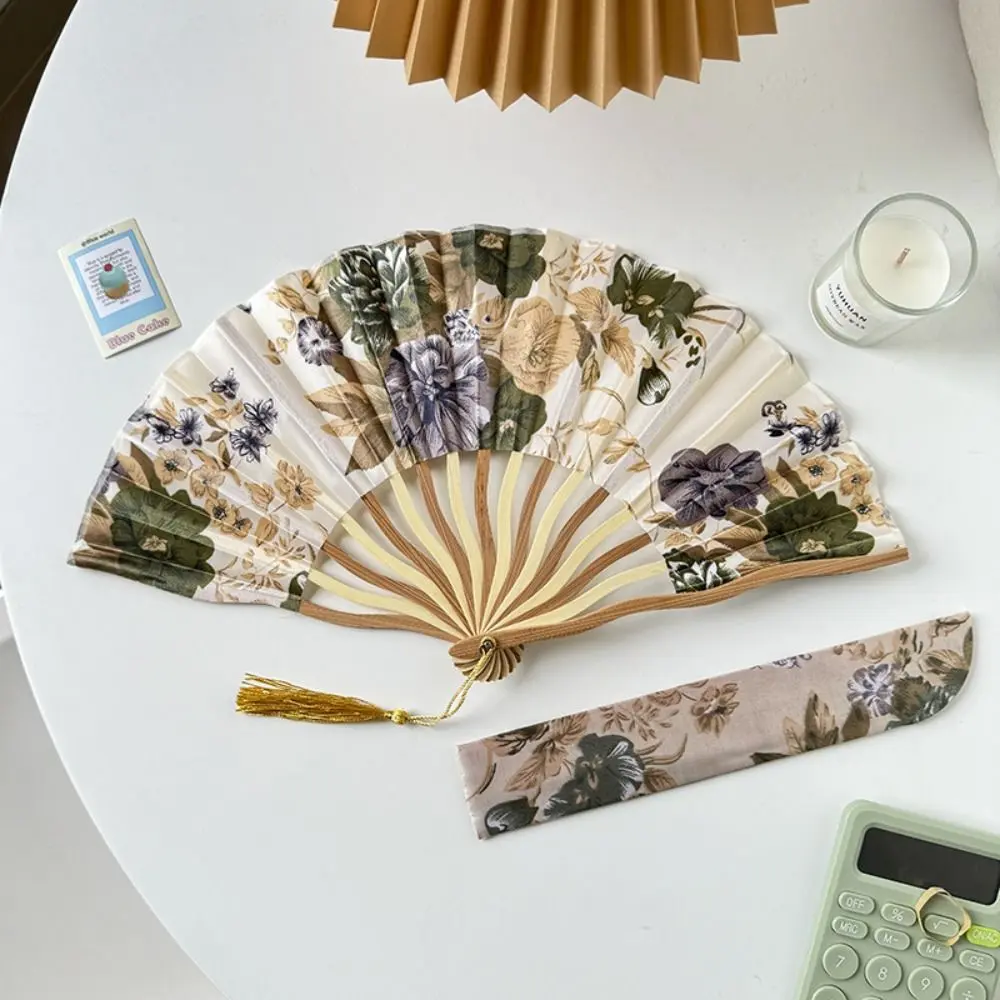 Ancient Chinese Style Silk Folding Fan Classical Flower Handheld Fan Elegant with Fan Cover Tassel Folding Fan Wedding